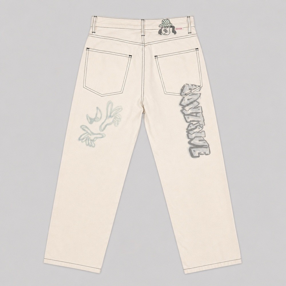 Bershka 90s Wide Leg Graffiti Graphic Jeans Off White 100% Cotton SZ 32x30 - Picture 3 of 7